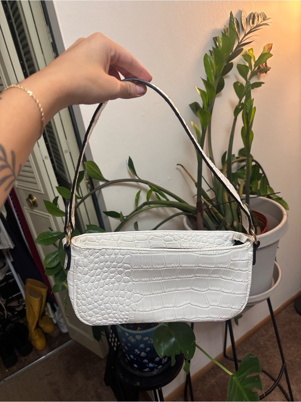 Croc-Embossed White Mini Shoulder Bag